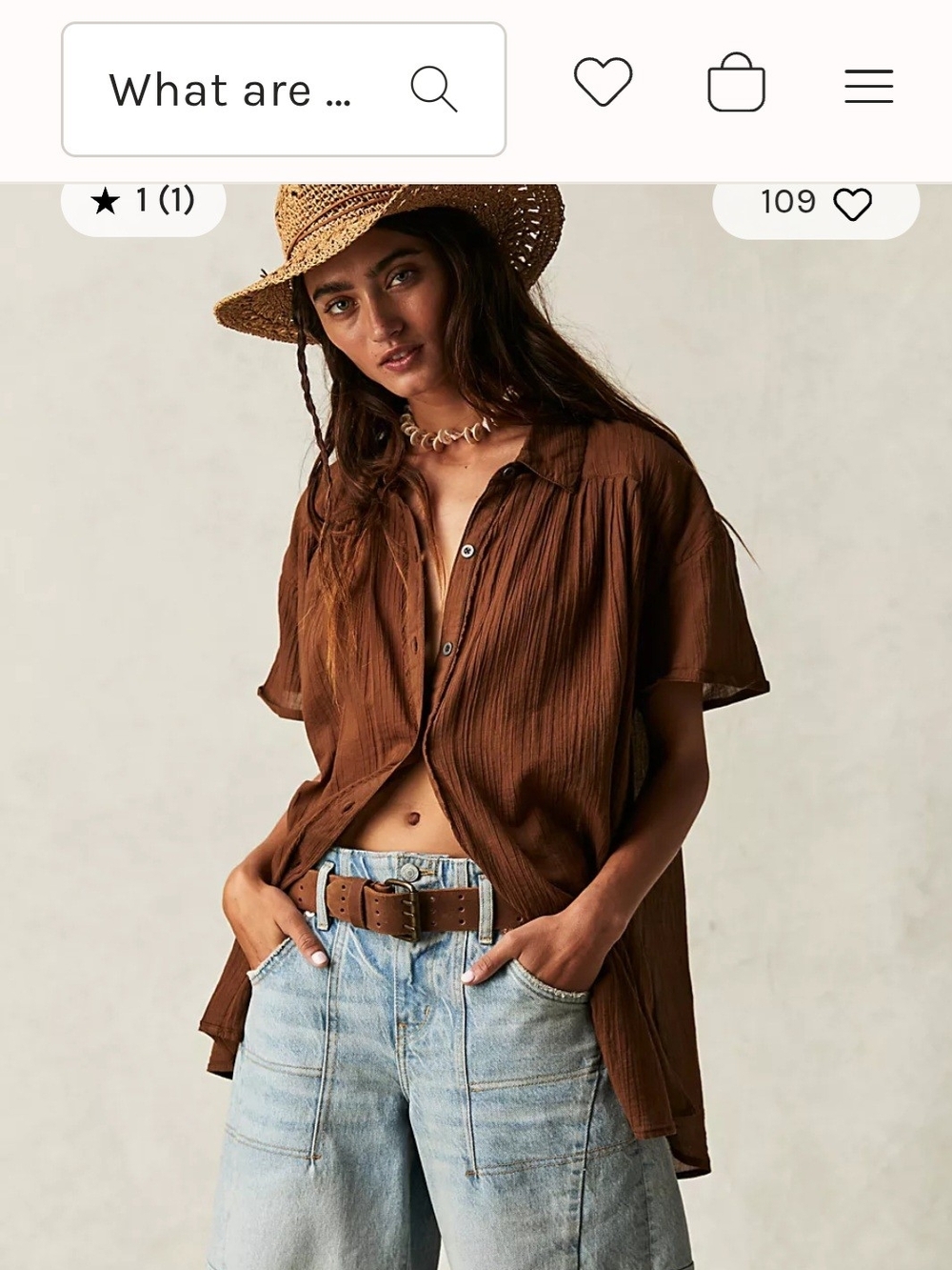 Free People Brown Relaxed Short-Sleeve Button Front Top FLOAT AWAY SHIRT!